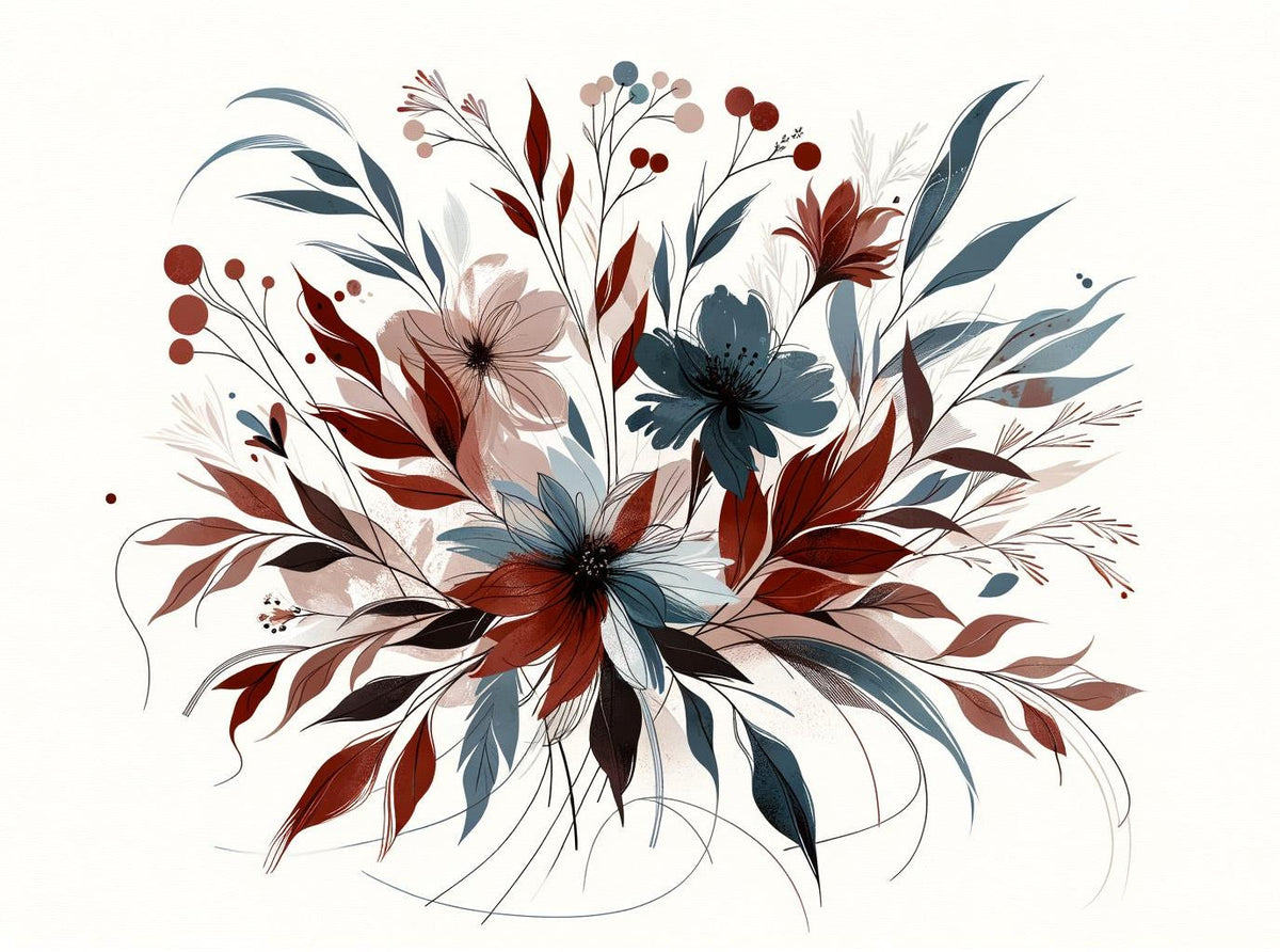 Papier peint floral feuillages et pétales rouges
