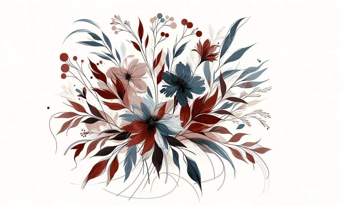 Papier peint floral feuillages et pétales rouges