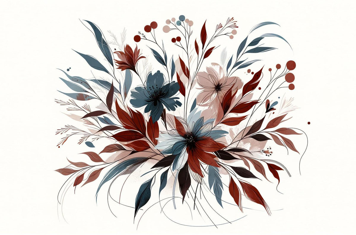 Papier peint floral feuillages et pétales rouges