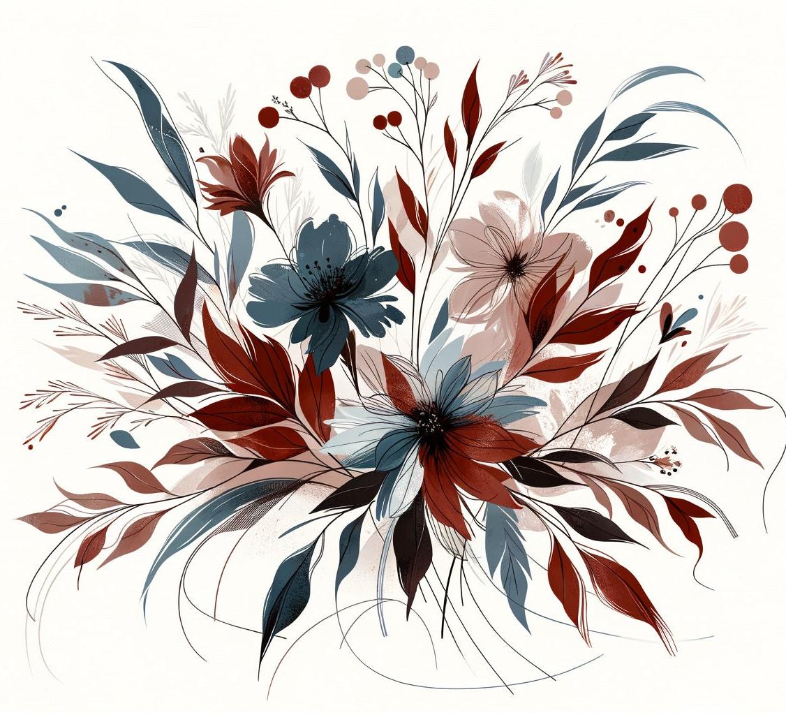 Papier peint floral feuillages et pétales rouges