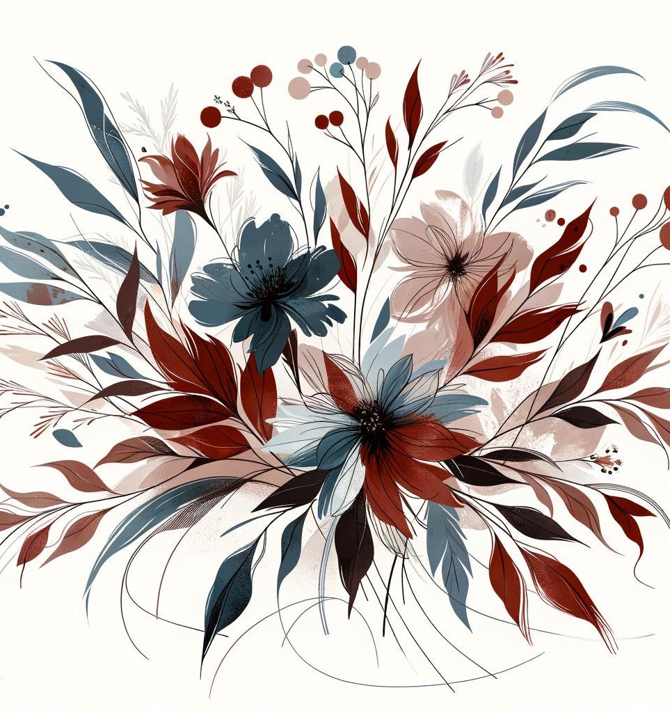Papier peint floral feuillages et pétales rouges