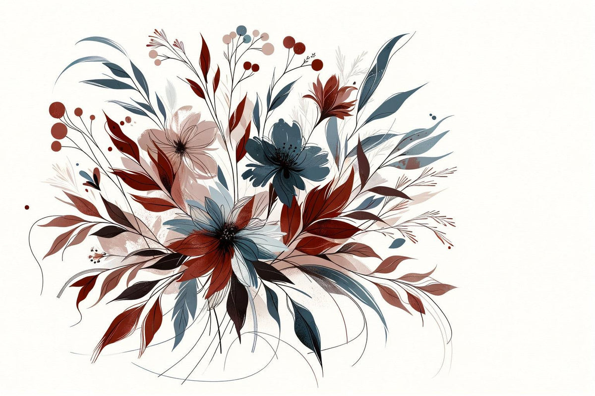 Papier peint floral feuillages et pétales rouges