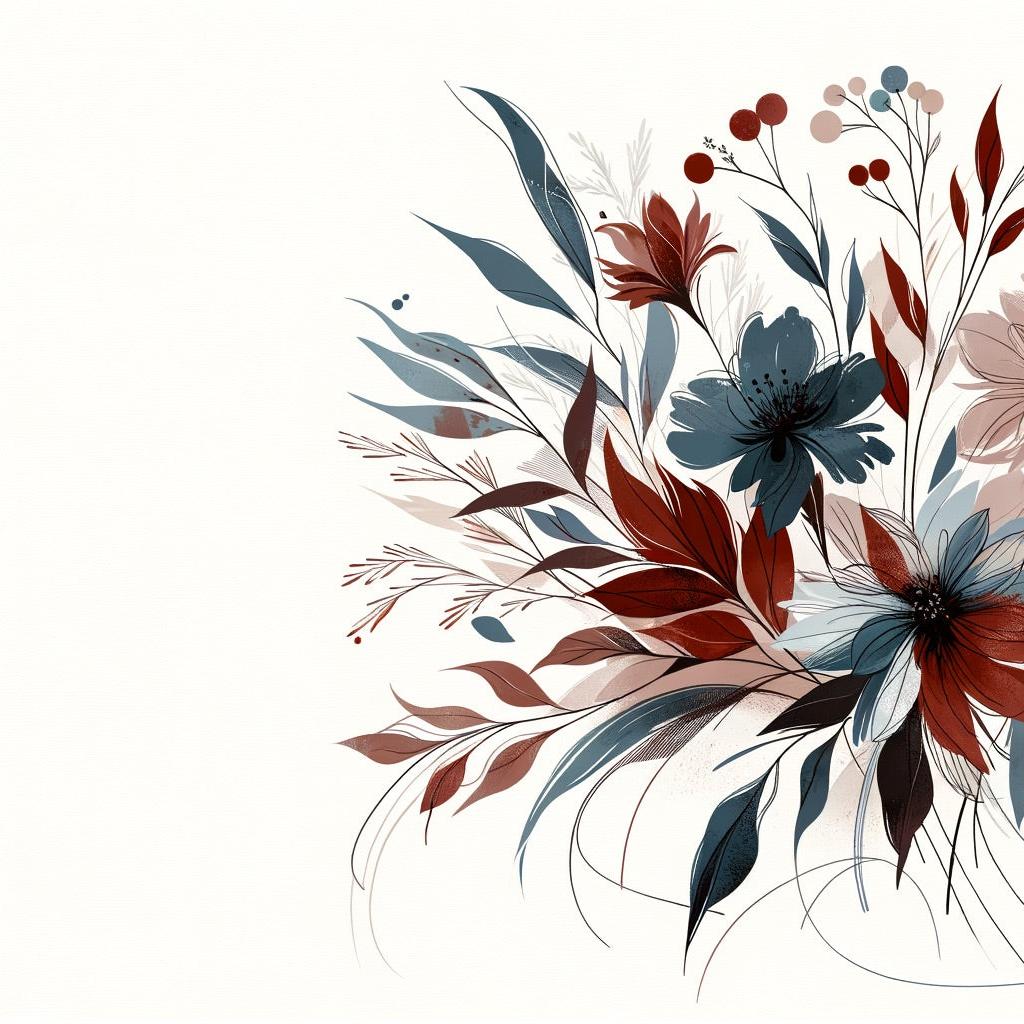 Papier peint floral feuillages et pétales rouges