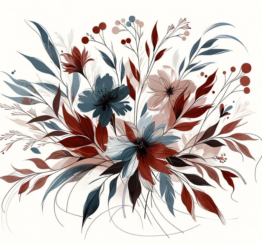 Papier peint floral feuillages et pétales rouges