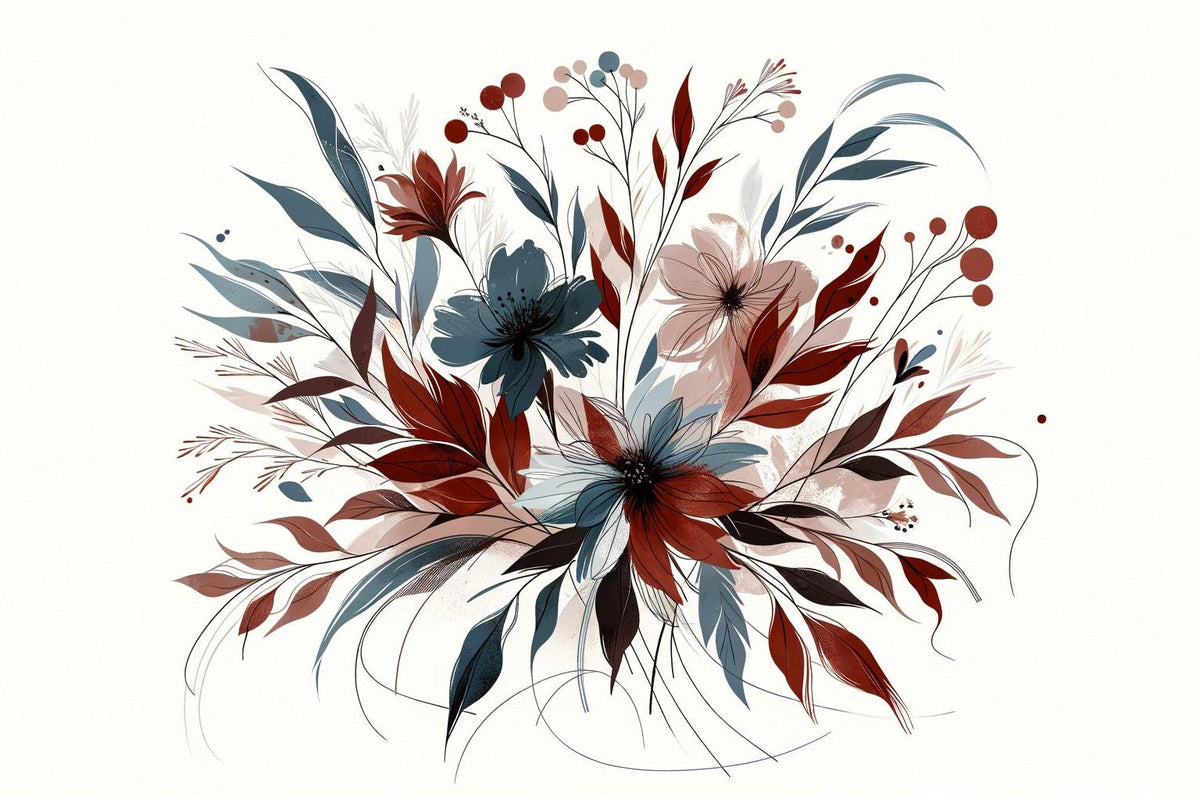 Papier peint floral feuillages et pétales rouges