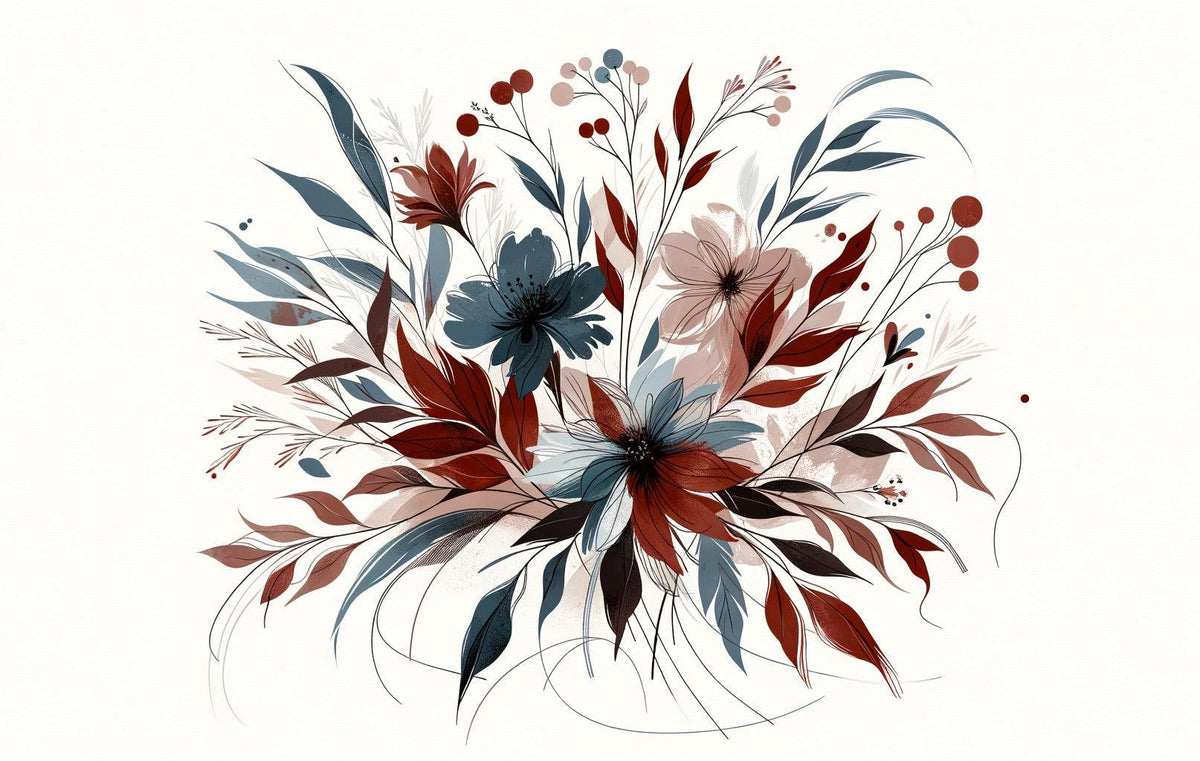 Papier peint floral feuillages et pétales rouges