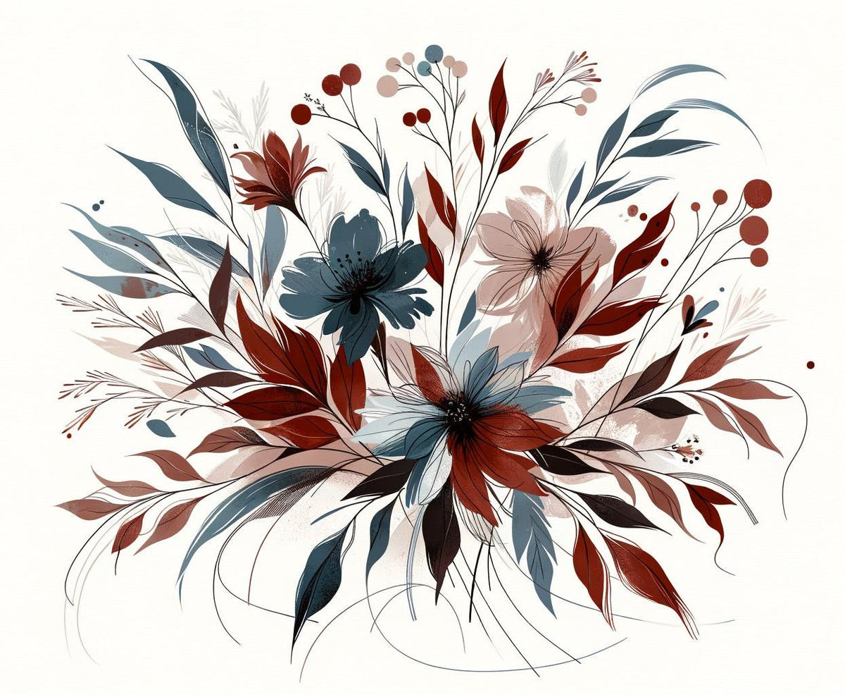 Papier peint floral feuillages et pétales rouges