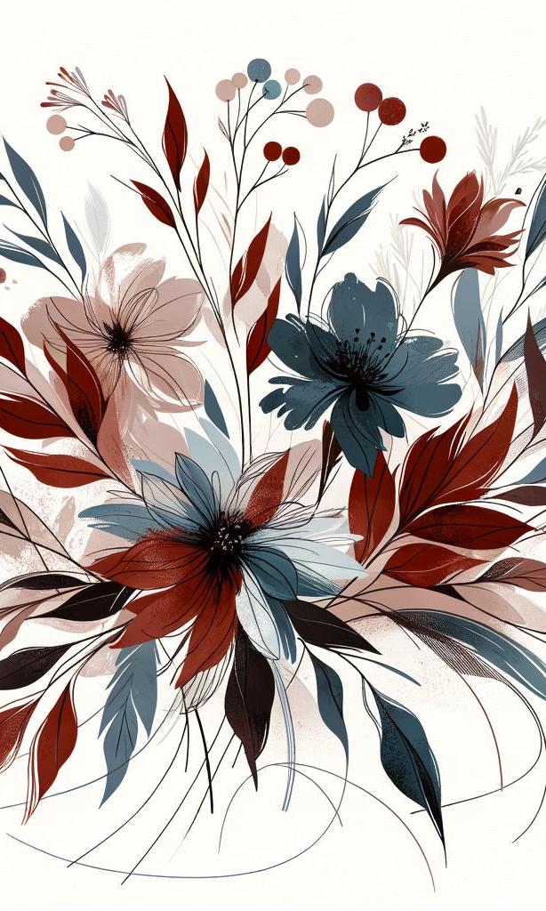 Papier peint floral feuillages et pétales rouges