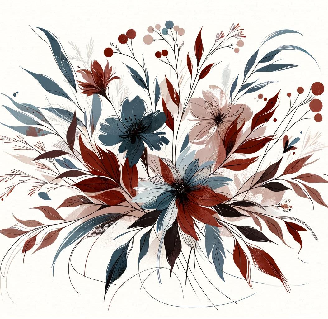 Papier peint floral feuillages et pétales rouges
