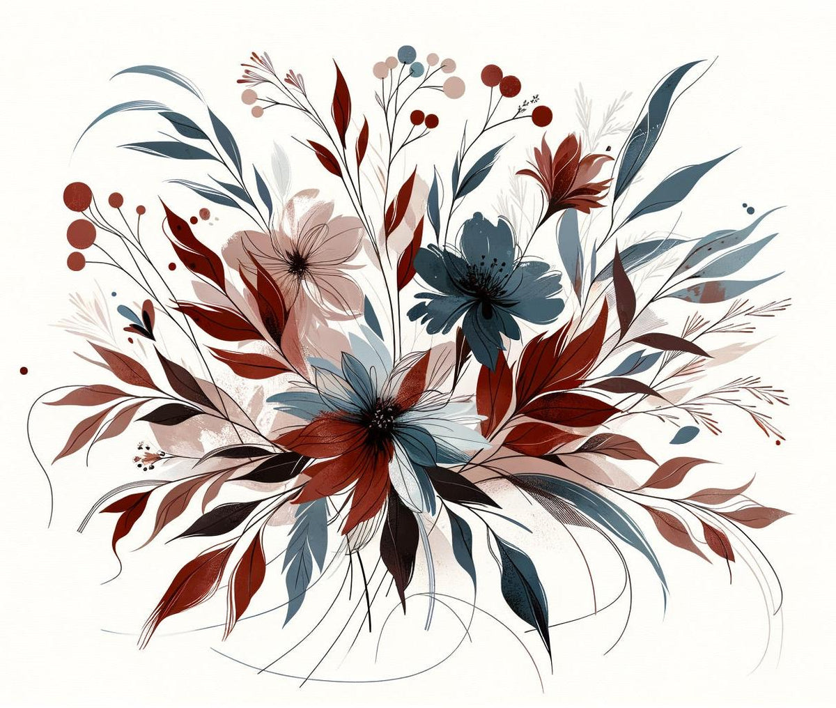 Papier peint floral feuillages et pétales rouges