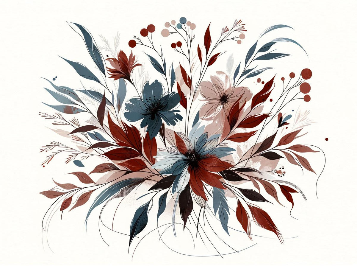 Papier peint floral feuillages et pétales rouges