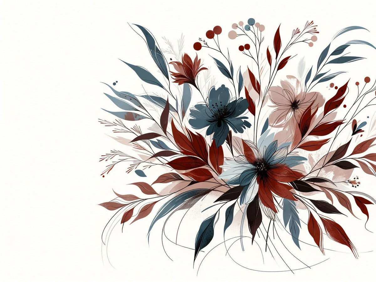 Papier peint floral feuillages et pétales rouges
