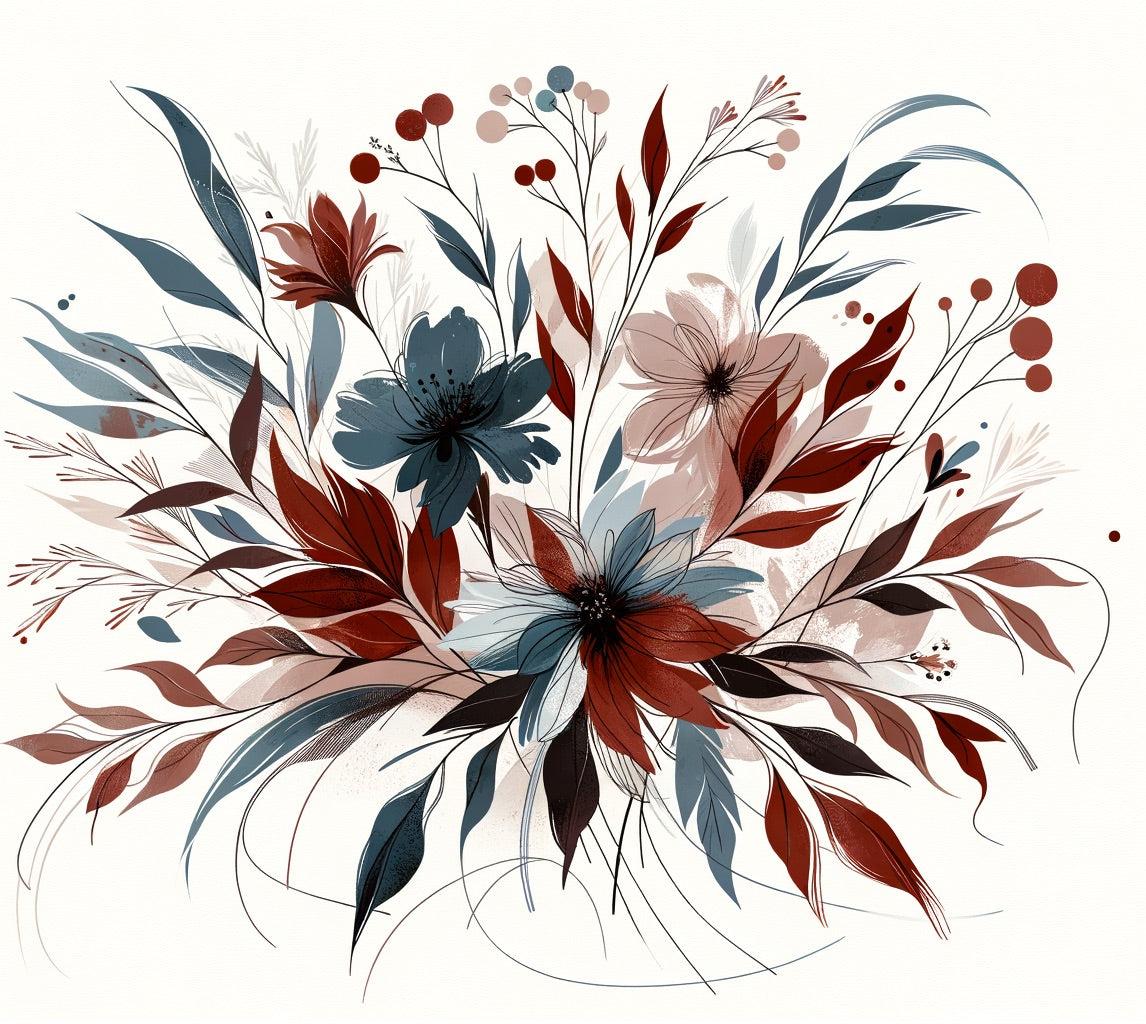 Papier peint floral feuillages et pétales rouges