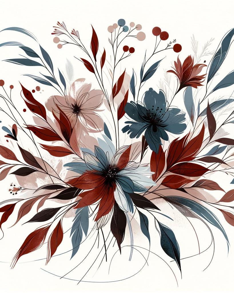 Papier peint floral feuillages et pétales rouges