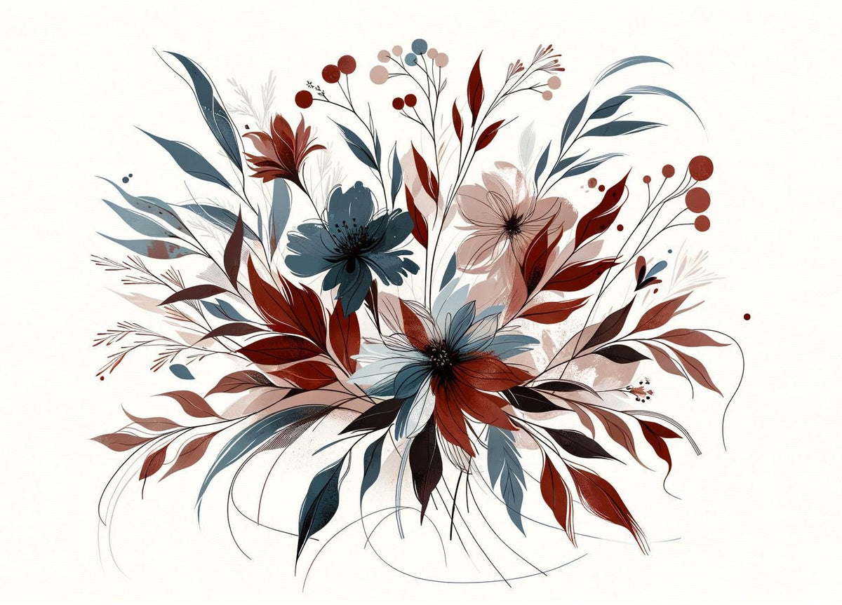 Papier peint floral feuillages et pétales rouges