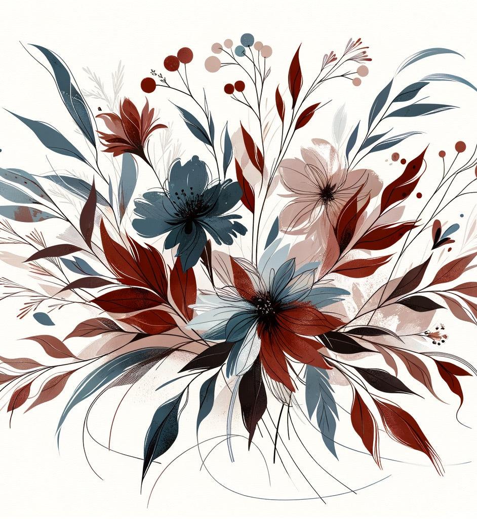 Papier peint floral feuillages et pétales rouges