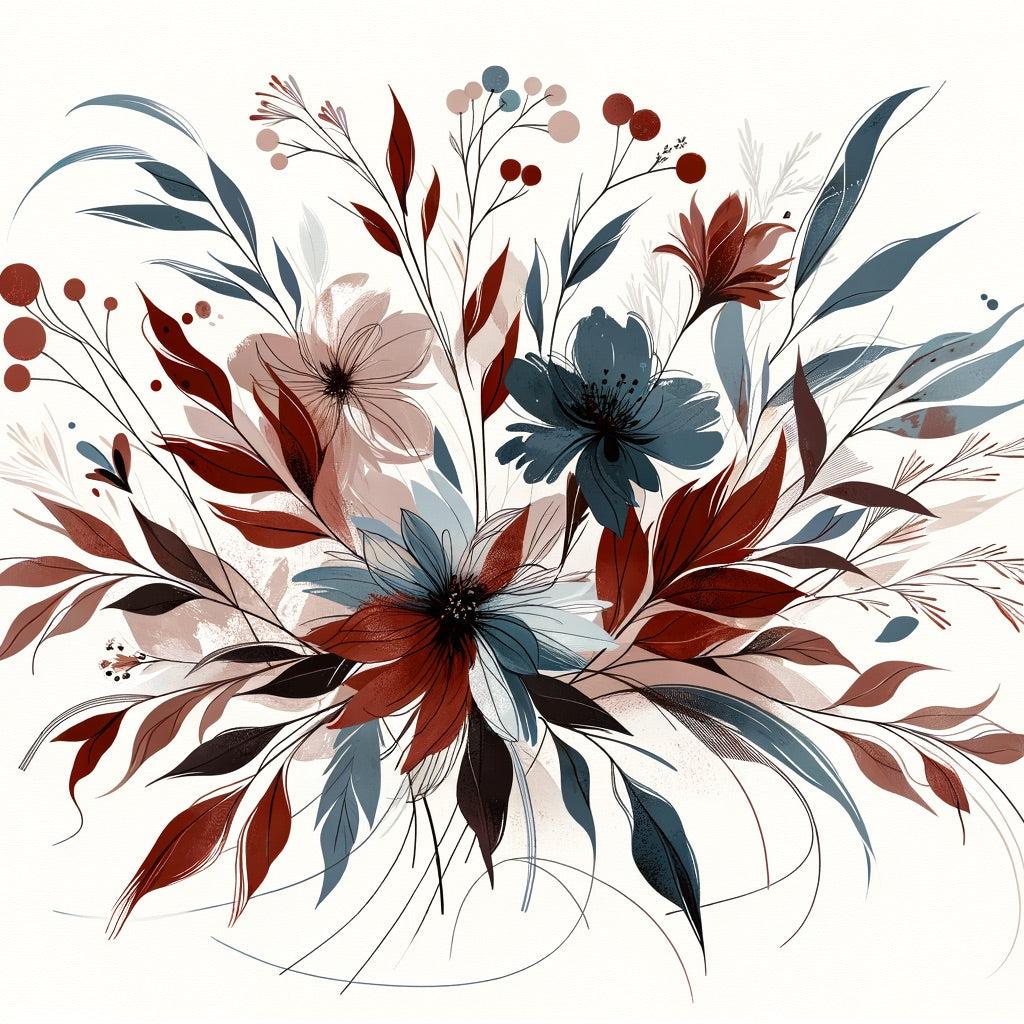 Papier peint floral feuillages et pétales rouges