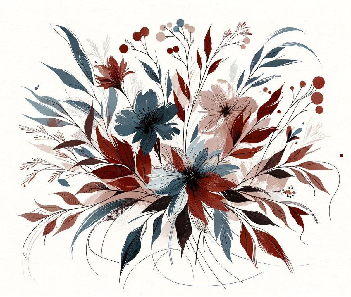 Papier peint floral feuillages et pétales rouges