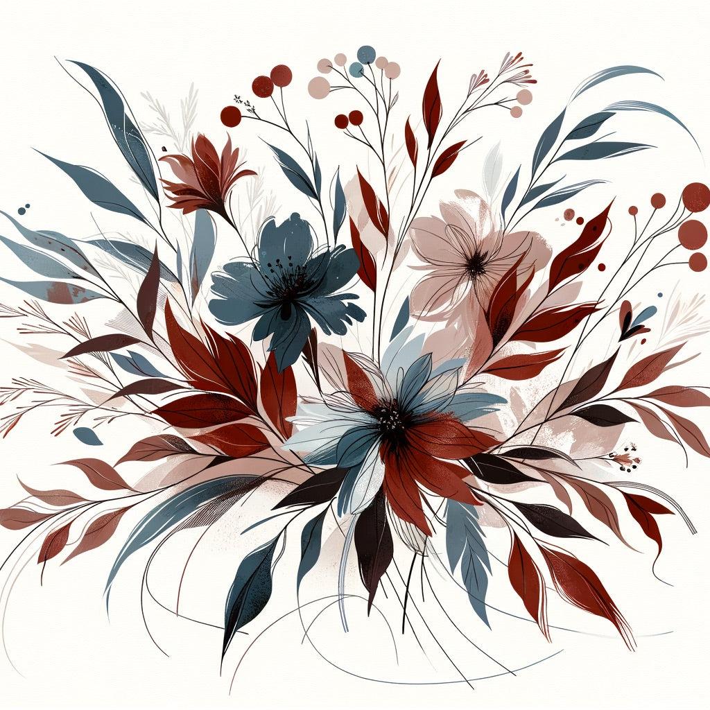 Papier peint floral feuillages et pétales rouges