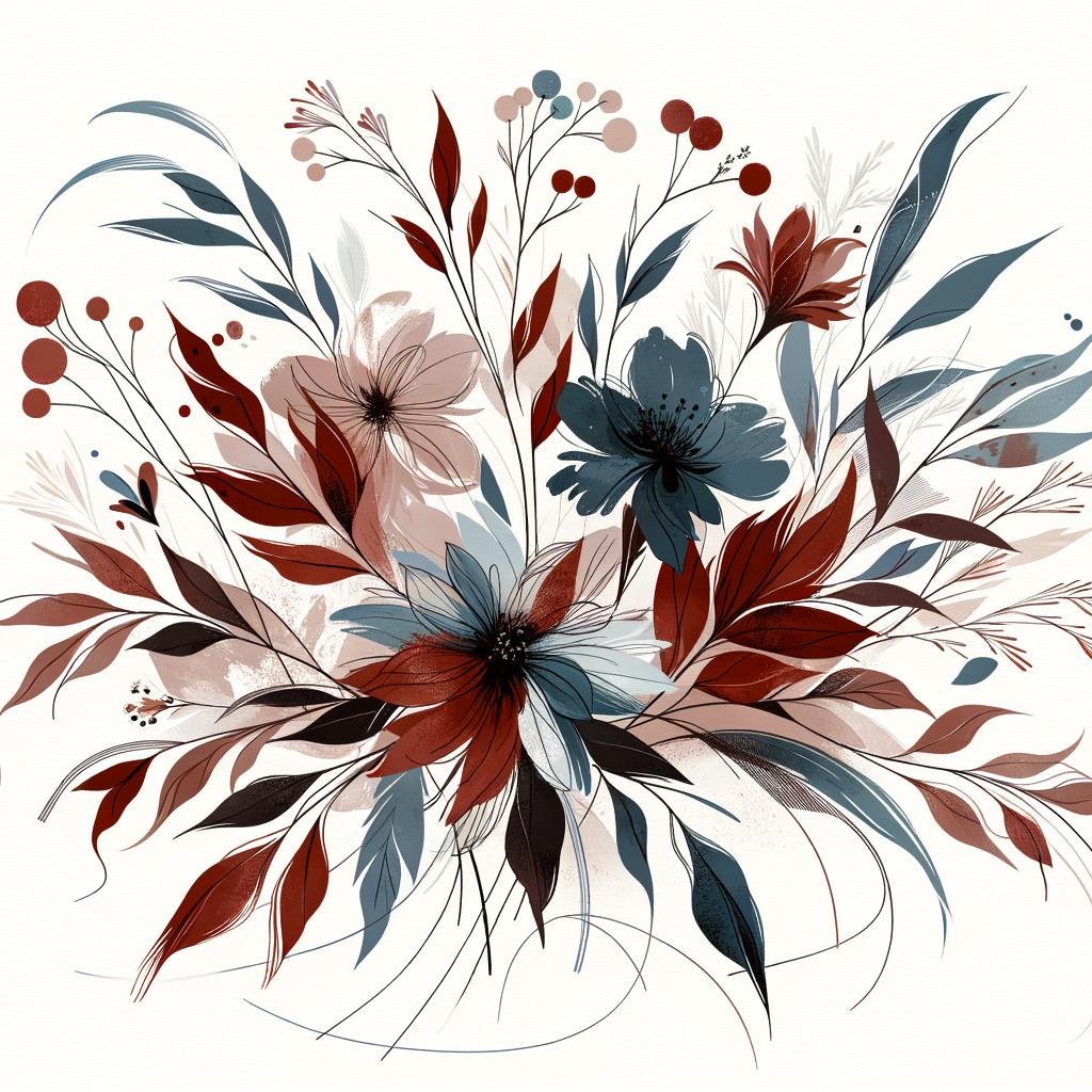Papier peint floral feuillages et pétales rouges