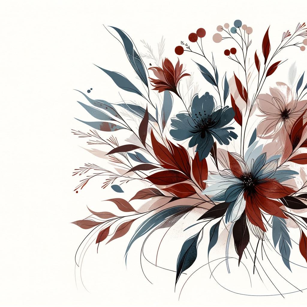 Papier peint floral feuillages et pétales rouges