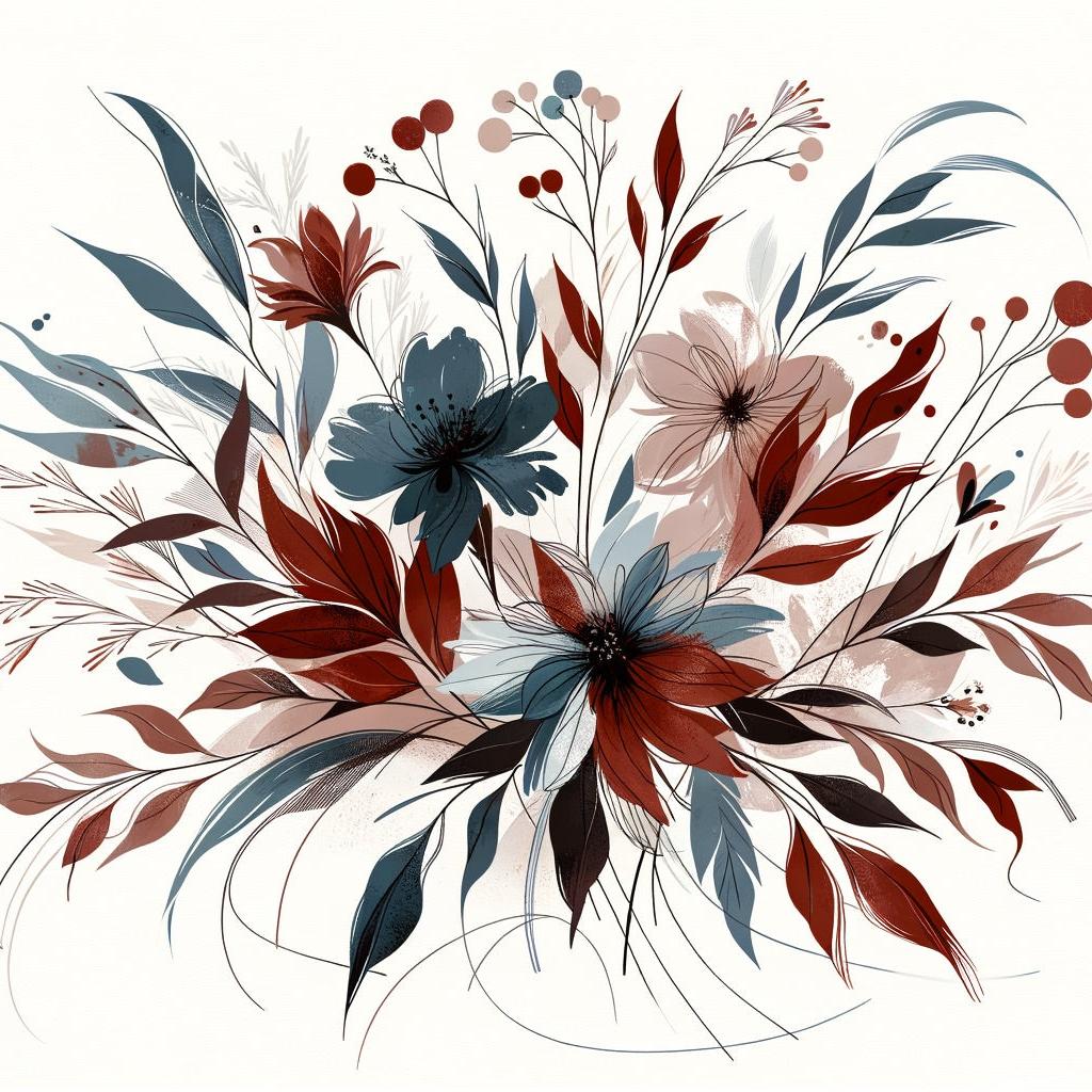 Papier peint floral feuillages et pétales rouges