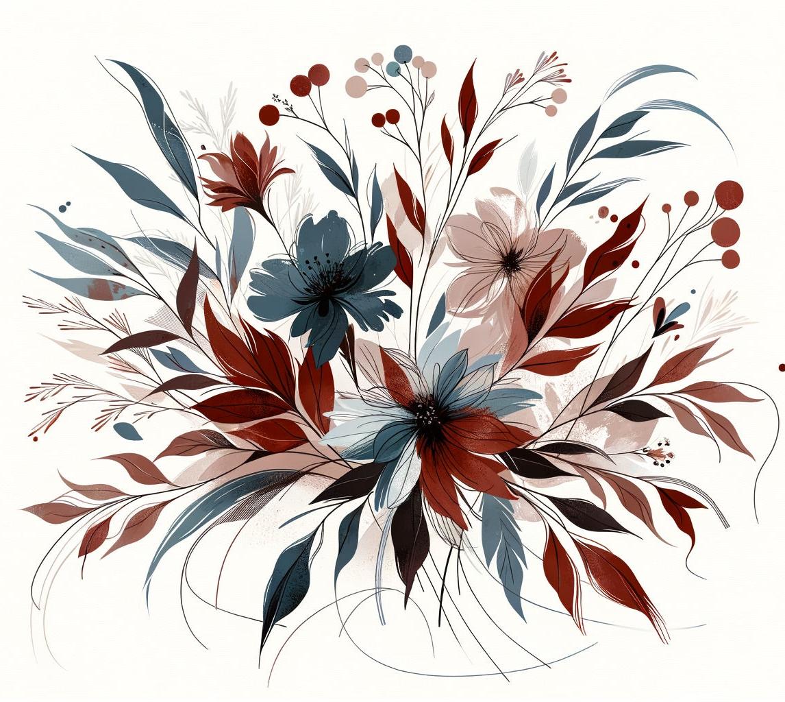 Papier peint floral feuillages et pétales rouges