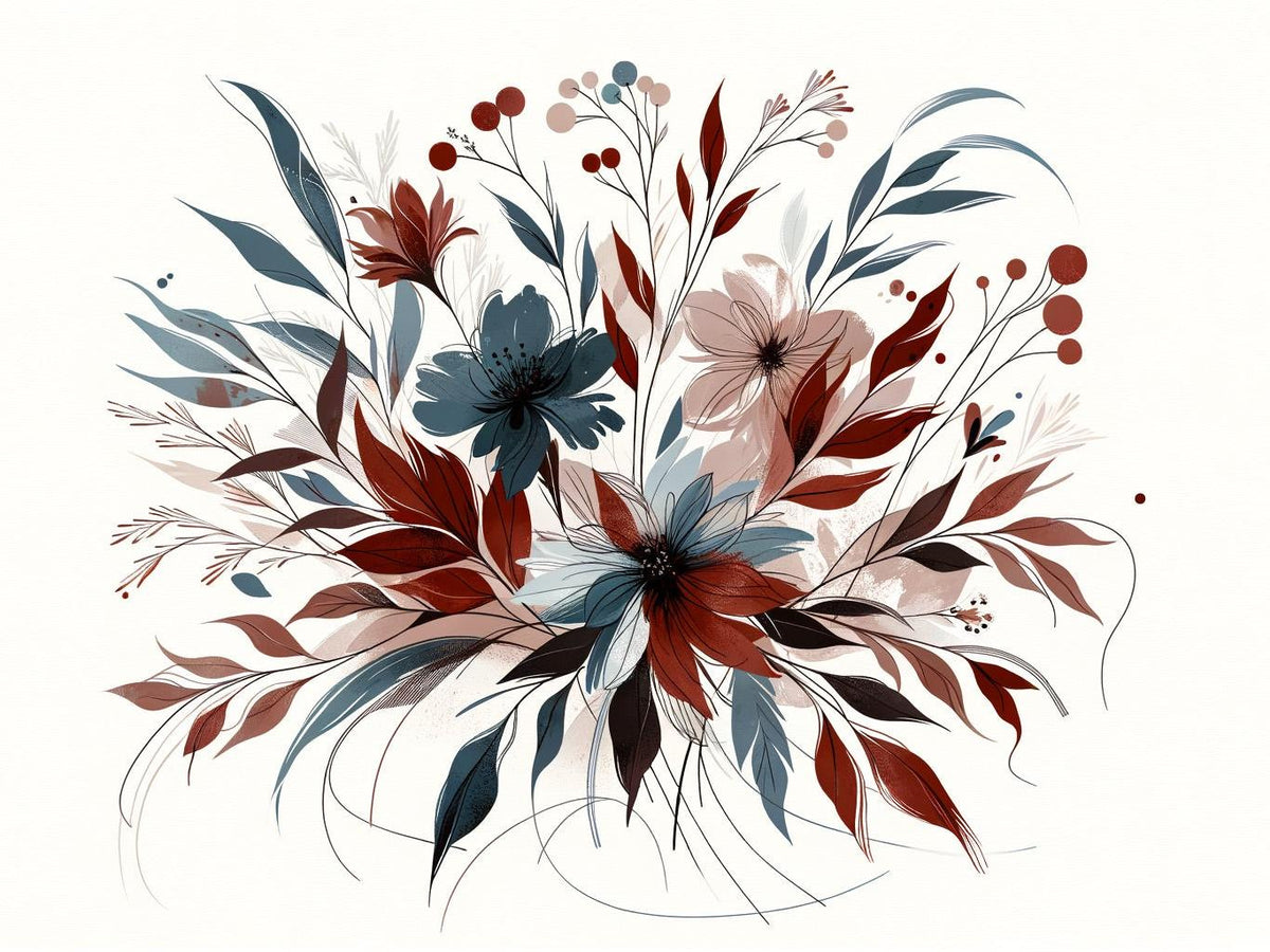 Papier peint floral feuillages et pétales rouges