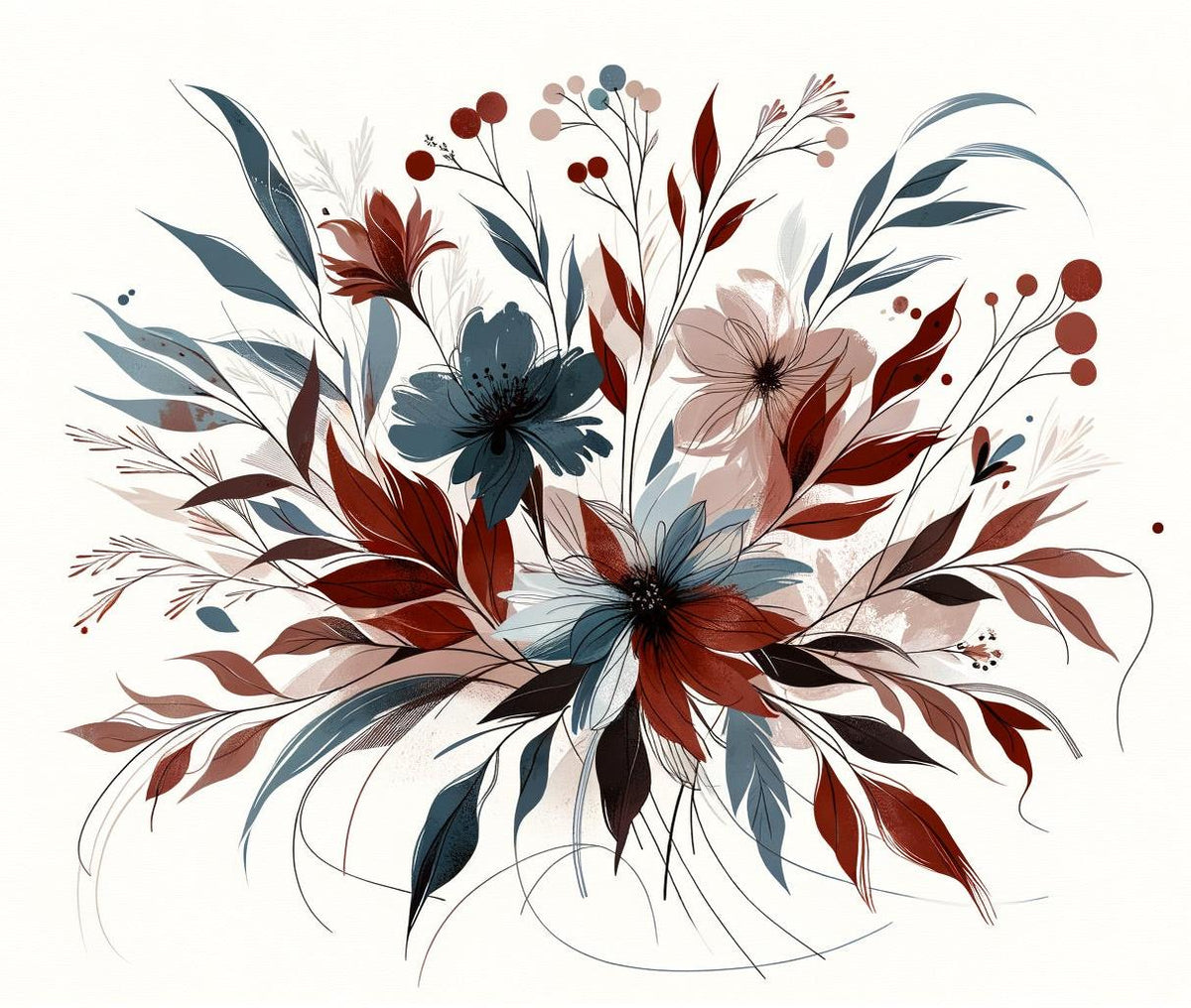 Papier peint floral feuillages et pétales rouges