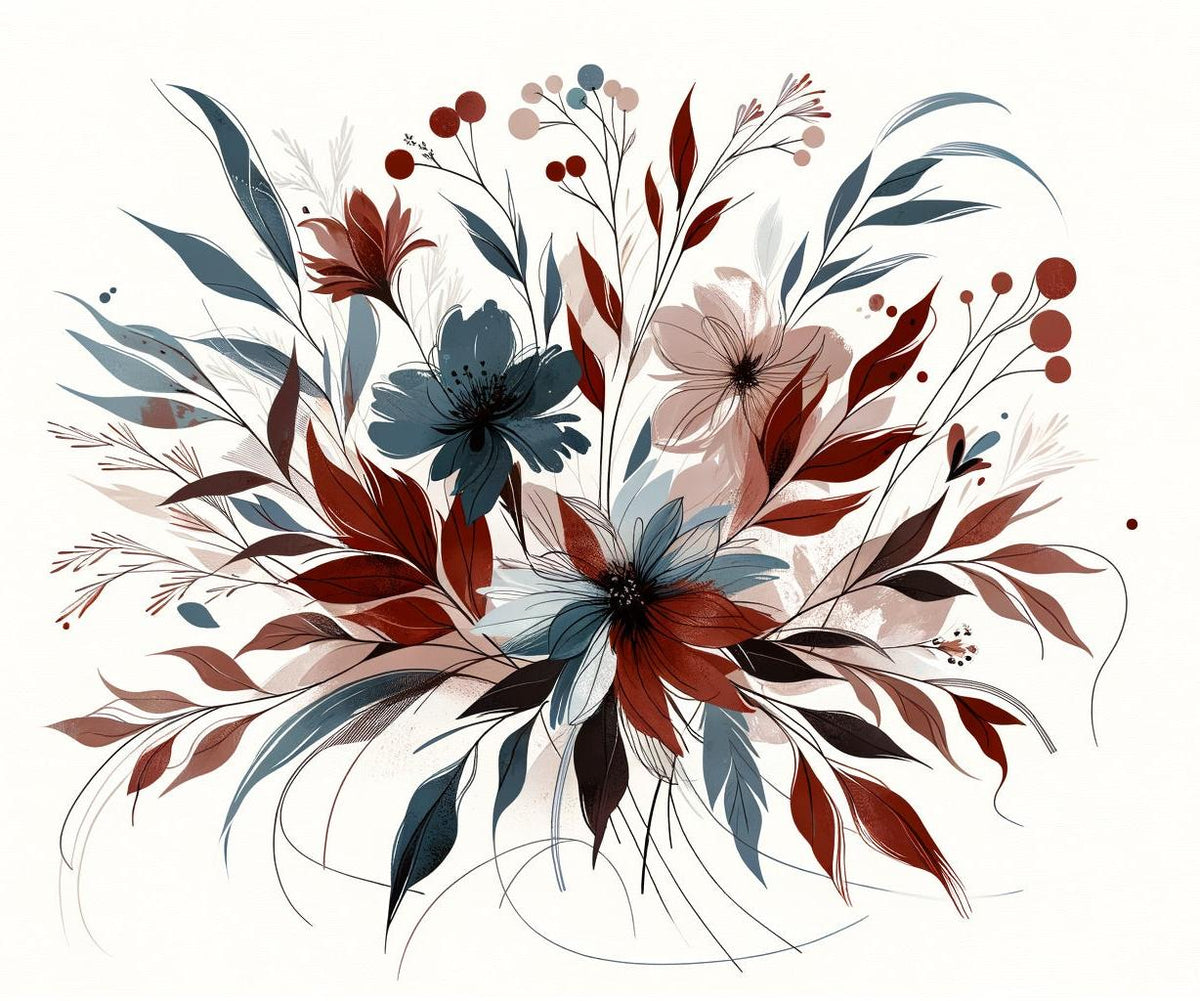 Papier peint floral feuillages et pétales rouges