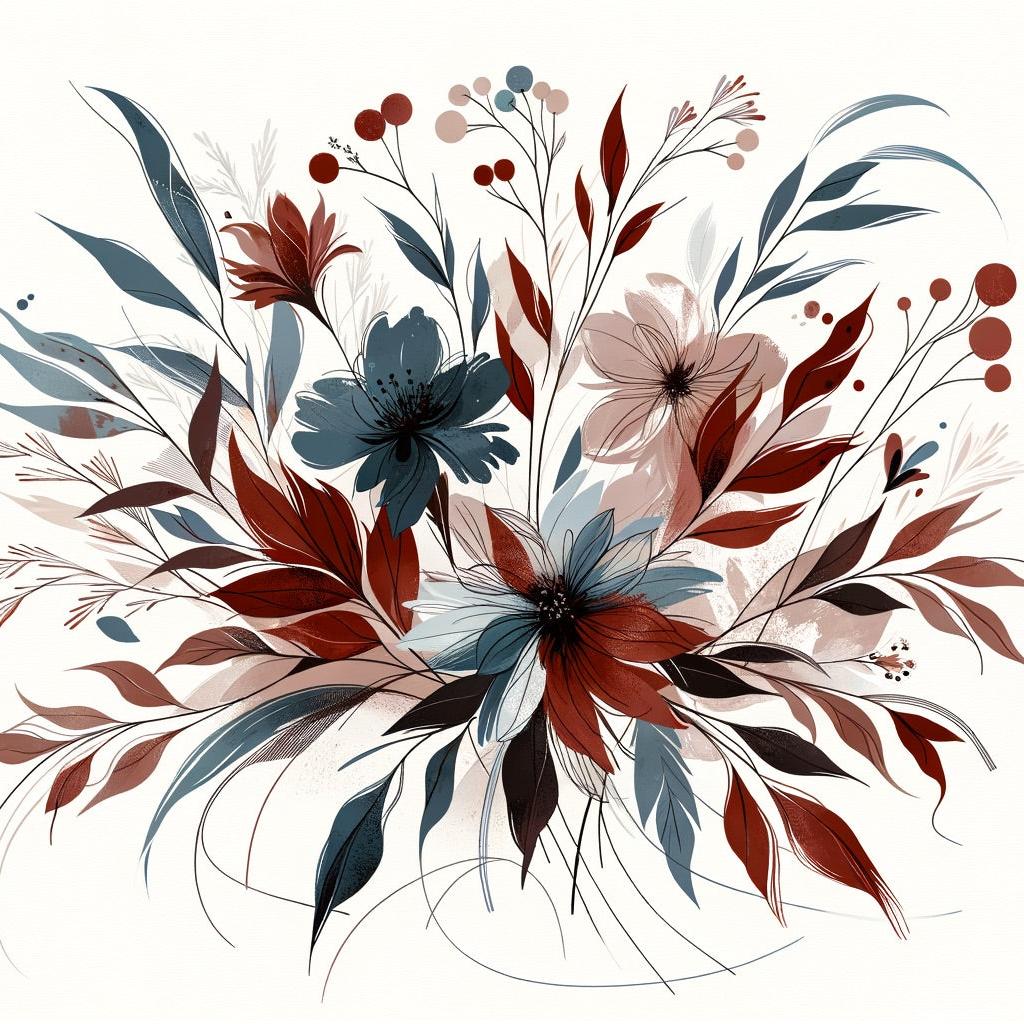 Papier peint floral feuillages et pétales rouges