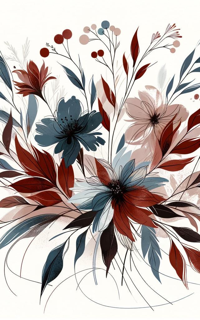 Papier peint floral feuillages et pétales rouges