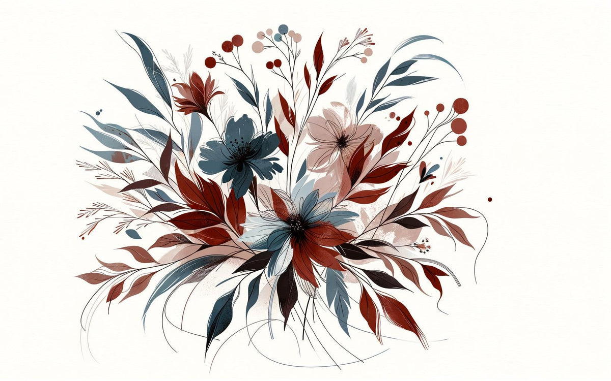 Papier peint floral feuillages et pétales rouges