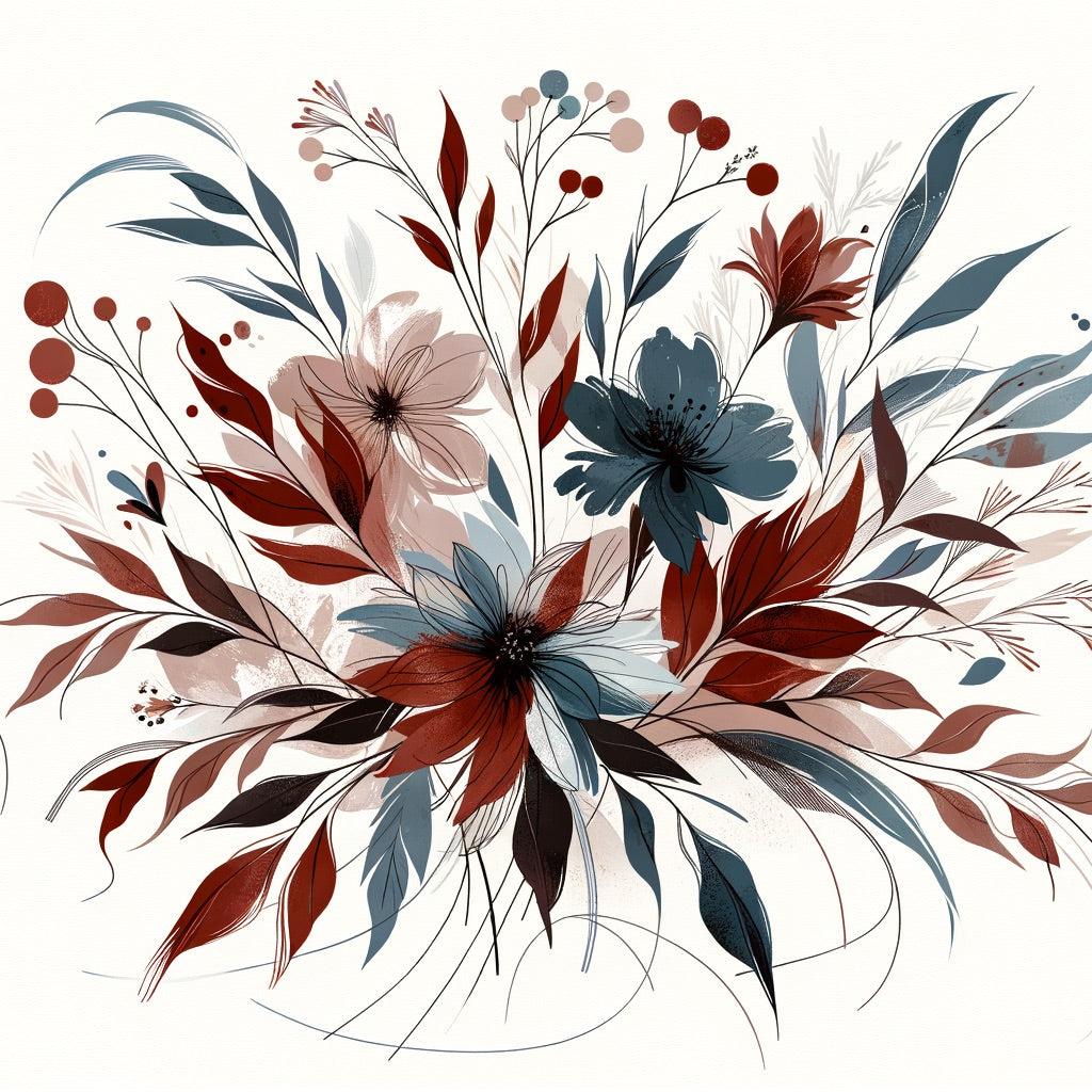 Papier peint floral feuillages et pétales rouges