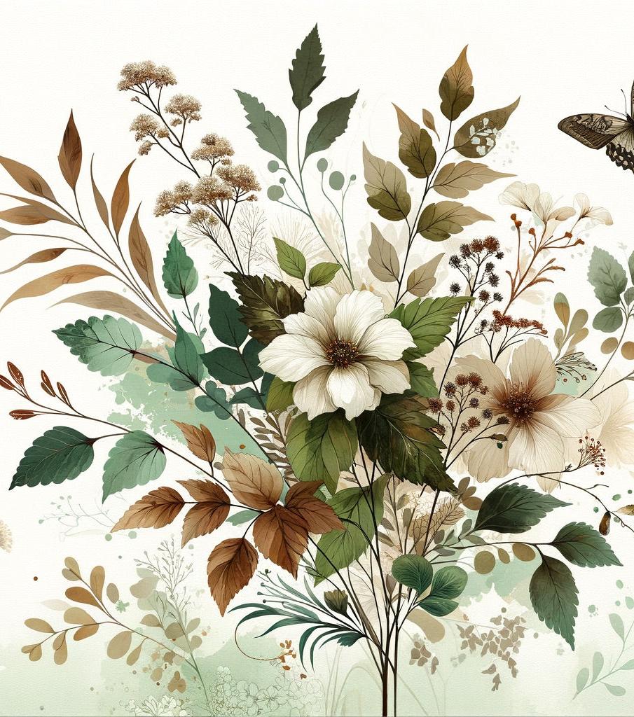 Papier peint papillons vintage fleurs et feuilles