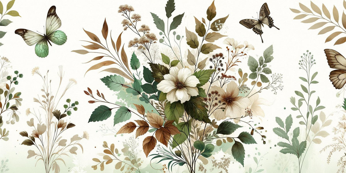 Papier peint papillons vintage fleurs et feuilles