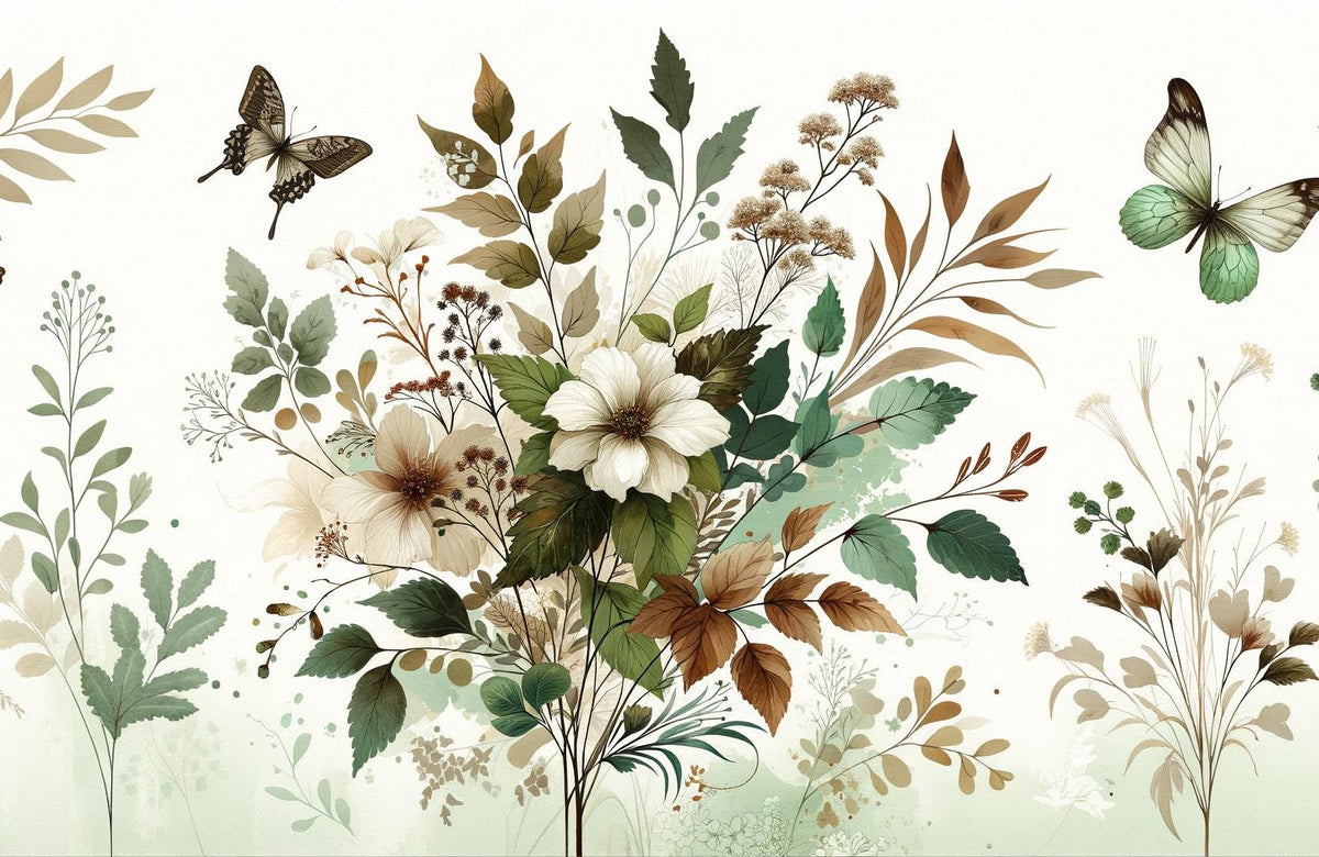 Papier peint papillons vintage fleurs et feuilles