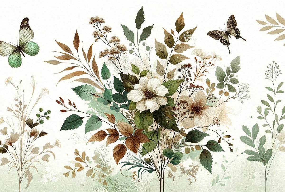 Papier peint papillons vintage fleurs et feuilles