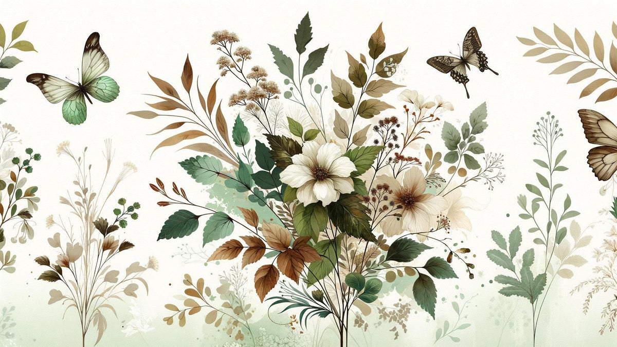 Papier peint papillons vintage fleurs et feuilles