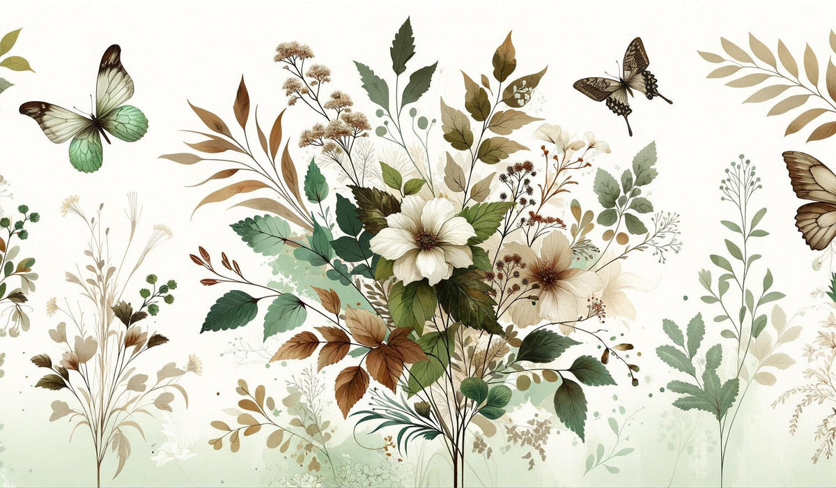 Papier peint papillons vintage fleurs et feuilles