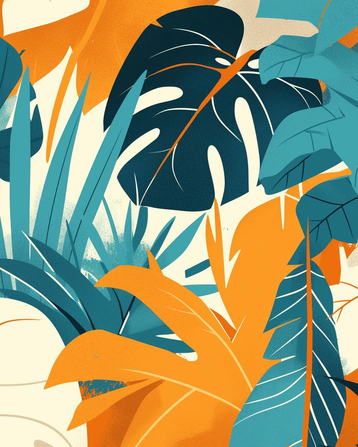 Papier peint feuillage pop art monstera et palmier