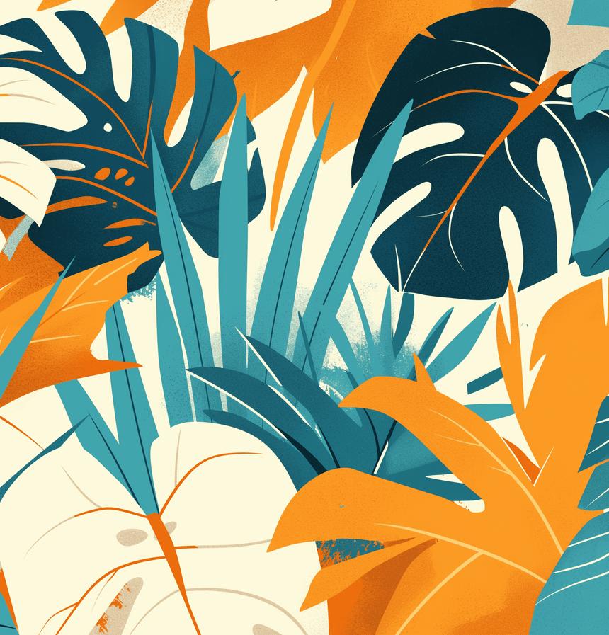 Papier peint feuillage pop art monstera et palmier