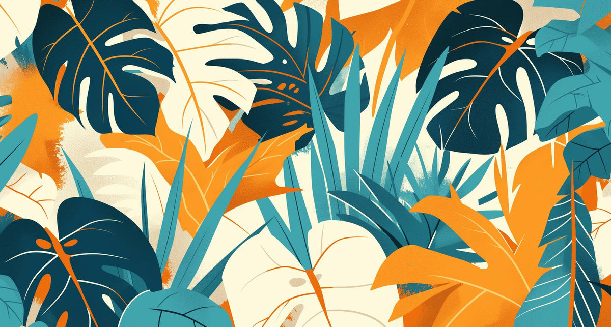 Papier peint feuillage pop art monstera et palmier