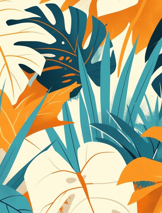 Papier peint feuillage pop art monstera et palmier