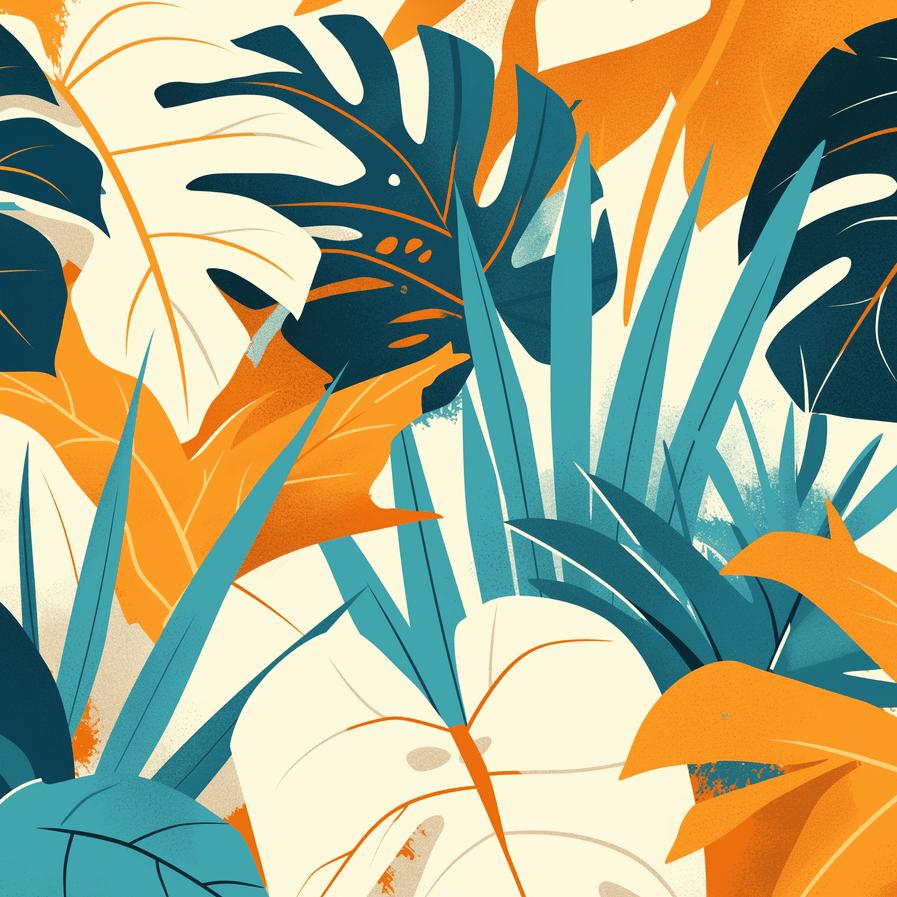 Papier peint feuillage pop art monstera et palmier