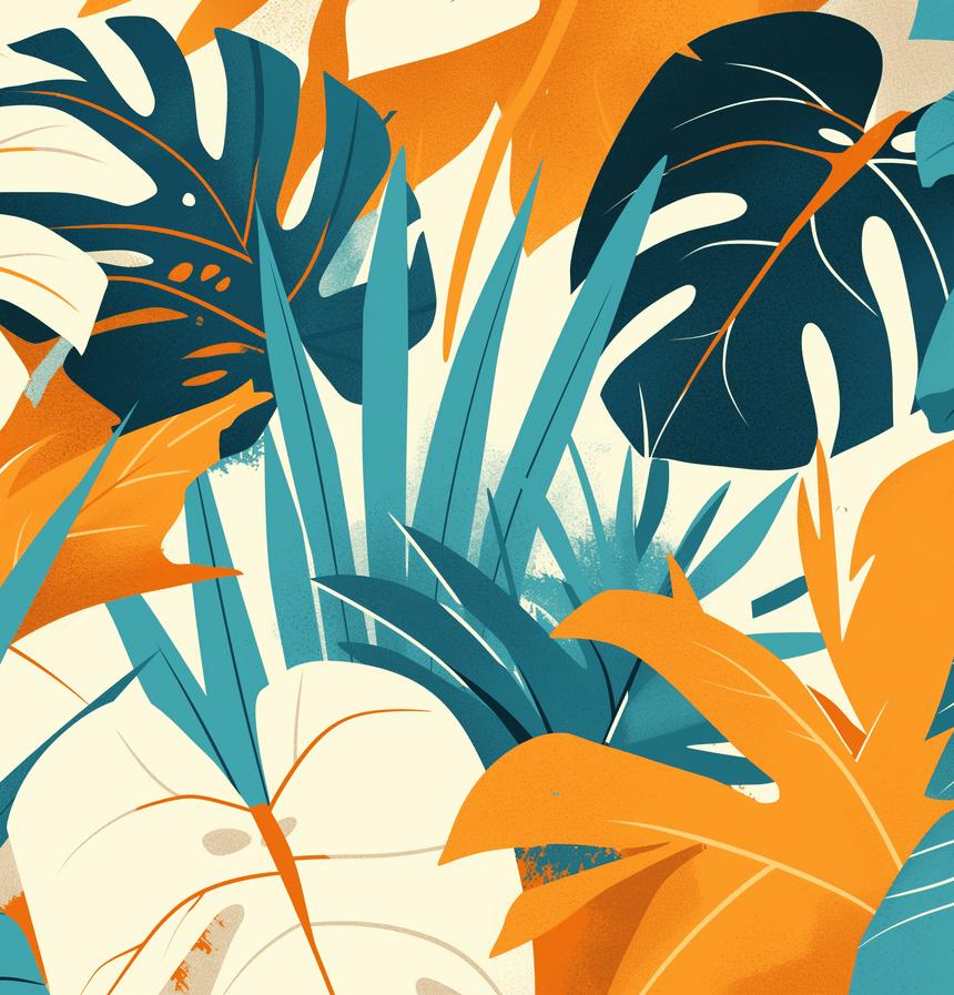 Papier peint feuillage pop art monstera et palmier