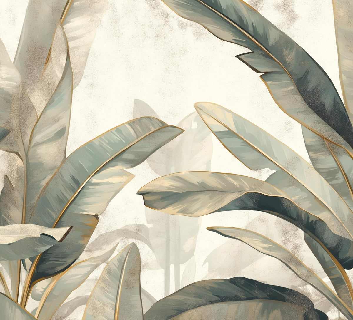 Papier peint feuillage beige vert et or