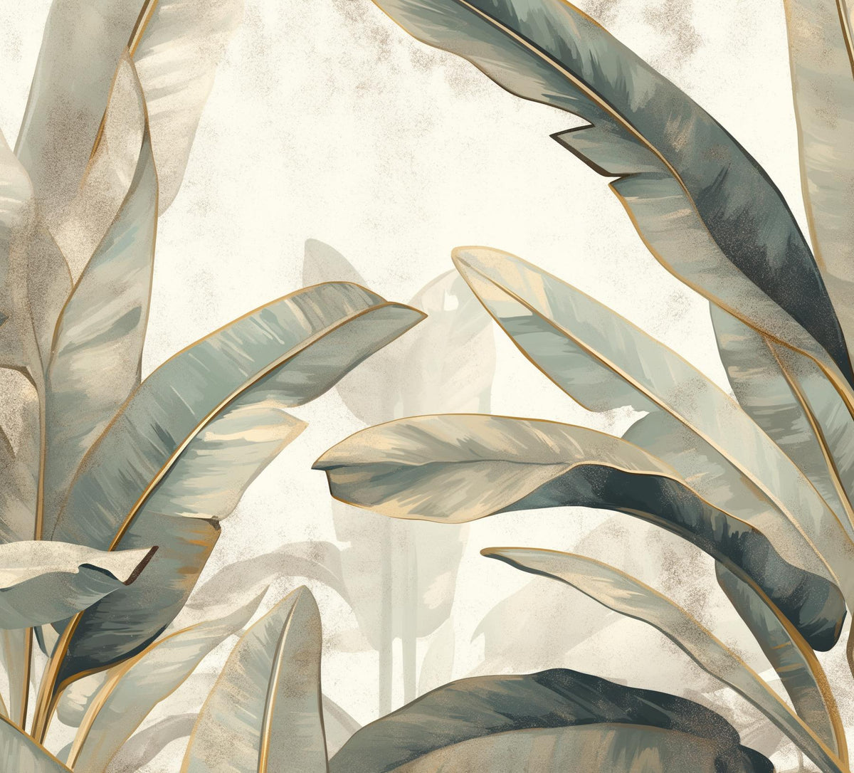 Papier peint feuillage beige vert et or