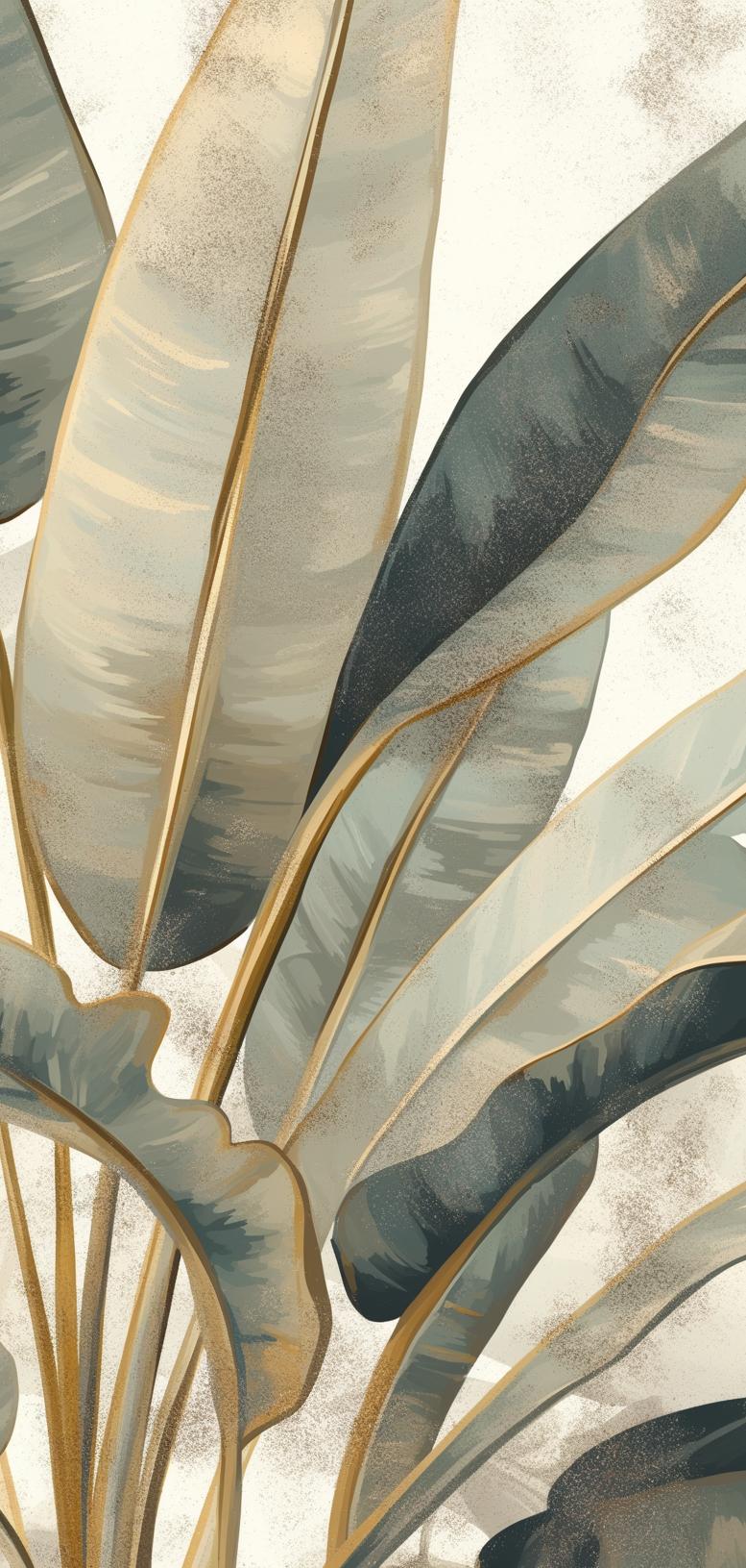 Papier peint feuillage beige vert et or