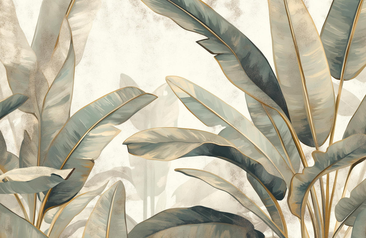 Papier peint feuillage beige vert et or
